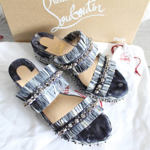 Christian Louboutin Tie-Dye Rafia Straw Flatform Slide Sandals - Picture 5 of 14